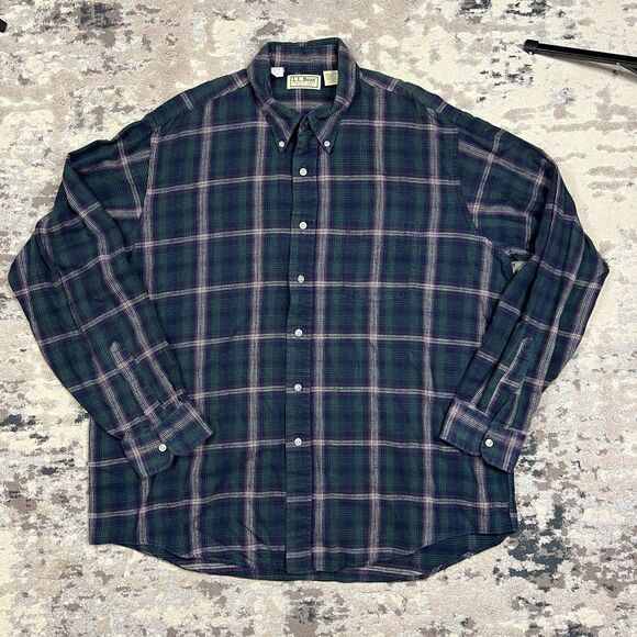 Vintage 90’s L.L. Bean Checkered Plaid Button Front Cotton Shirt XL USA Made - Picture 1 of 10